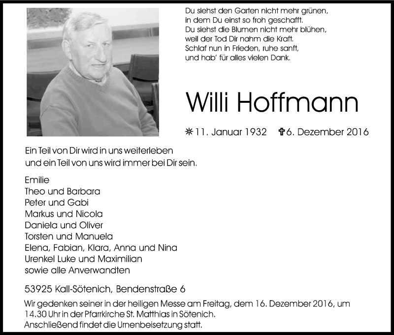  Traueranzeige für Willi Hoffmann vom 10.12.2016 aus Kölner Stadt-Anzeiger / Kölnische Rundschau / Express