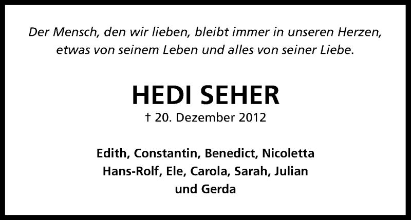  Traueranzeige für Hedi Seher vom 20.12.2016 aus Kölner Stadt-Anzeiger / Kölnische Rundschau / Express