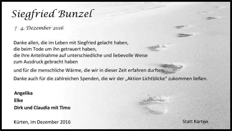 Traueranzeige für Siegfried Bunzel vom 31.12.2016 aus Kölner Stadt-Anzeiger / Kölnische Rundschau / Express
