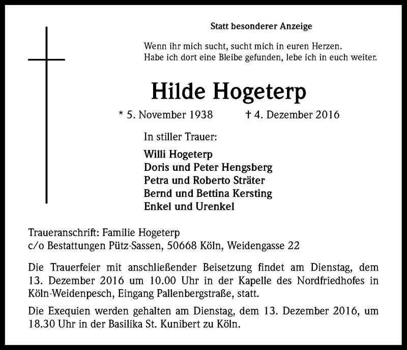  Traueranzeige für Hilde Hogeterp vom 09.12.2016 aus Kölner Stadt-Anzeiger / Kölnische Rundschau / Express