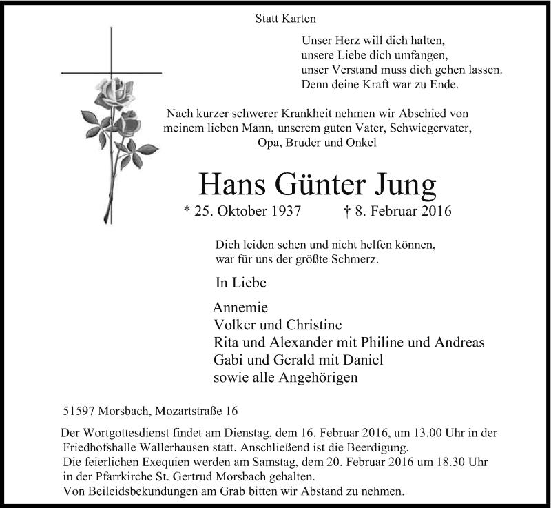  Traueranzeige für Hans Günter Jung vom 11.02.2016 aus Kölner Stadt-Anzeiger / Kölnische Rundschau / Express