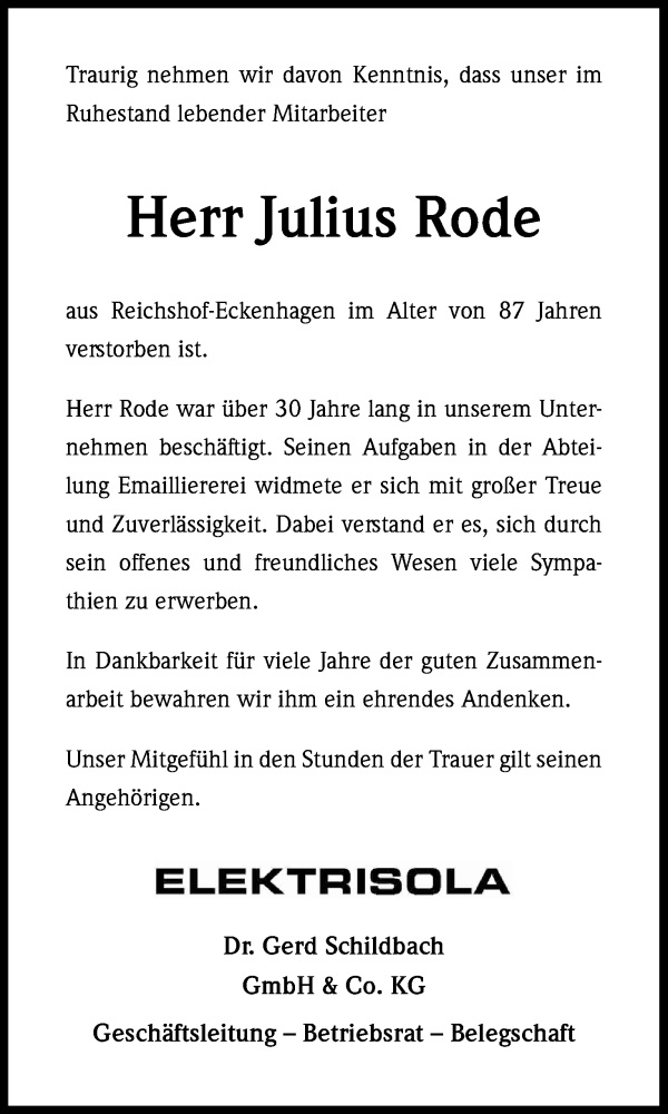  Traueranzeige für Julius Rode vom 12.02.2016 aus Kölner Stadt-Anzeiger / Kölnische Rundschau / Express