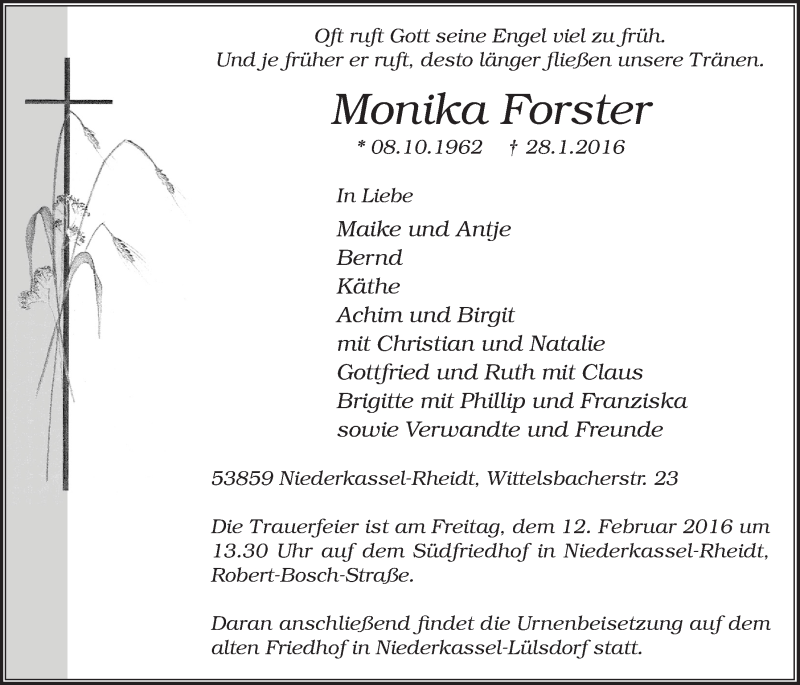  Traueranzeige für Monika Forster vom 10.02.2016 aus  Extra Blatt 