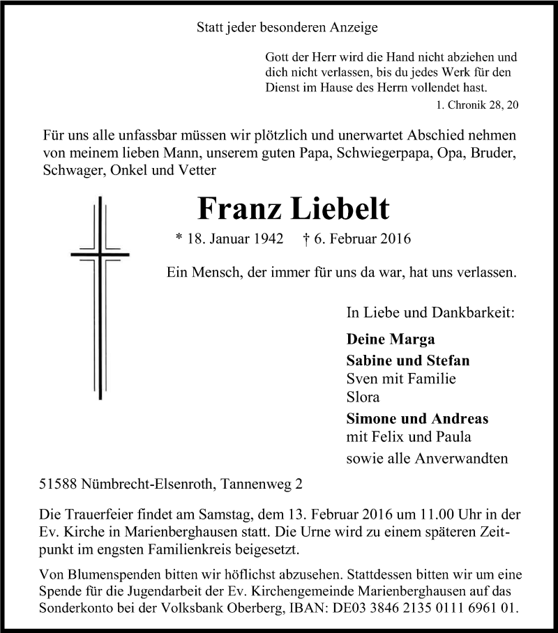  Traueranzeige für Franz Liebelt vom 11.02.2016 aus Kölner Stadt-Anzeiger / Kölnische Rundschau / Express