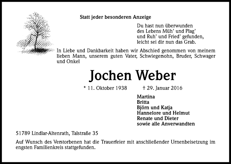  Traueranzeige für Jochen Weber vom 10.02.2016 aus Kölner Stadt-Anzeiger / Kölnische Rundschau / Express