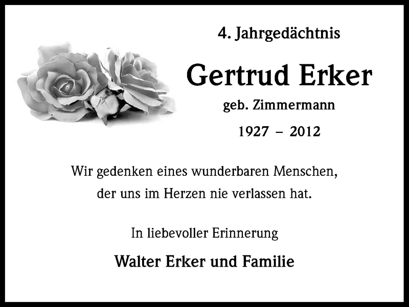  Traueranzeige für Gertrud Erker vom 10.02.2016 aus Kölner Stadt-Anzeiger / Kölnische Rundschau / Express