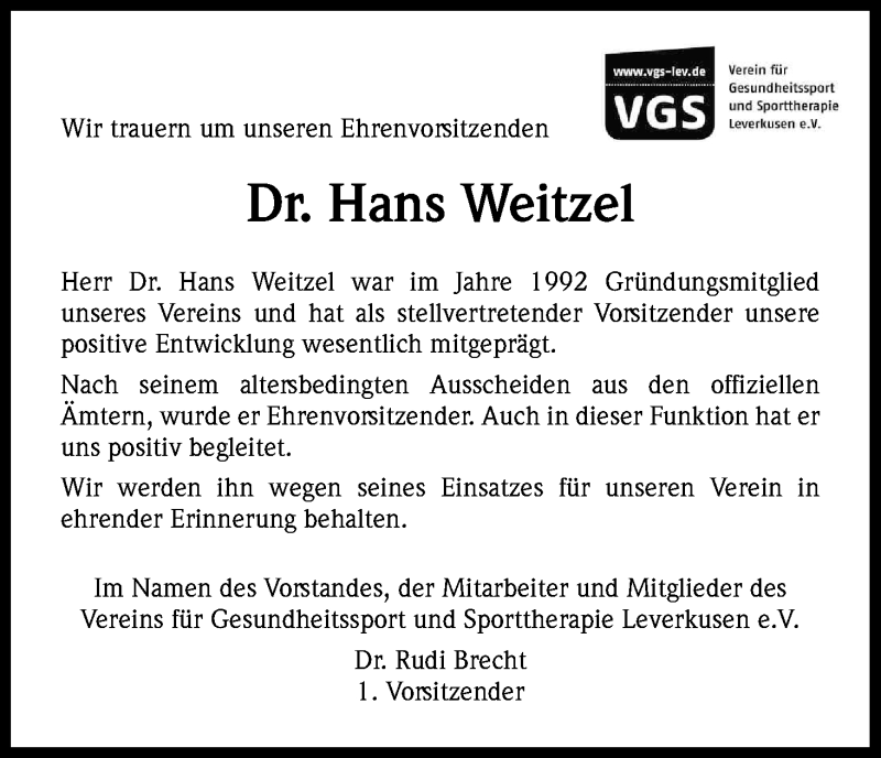  Traueranzeige für Hans Weitzel vom 11.02.2016 aus Kölner Stadt-Anzeiger / Kölnische Rundschau / Express