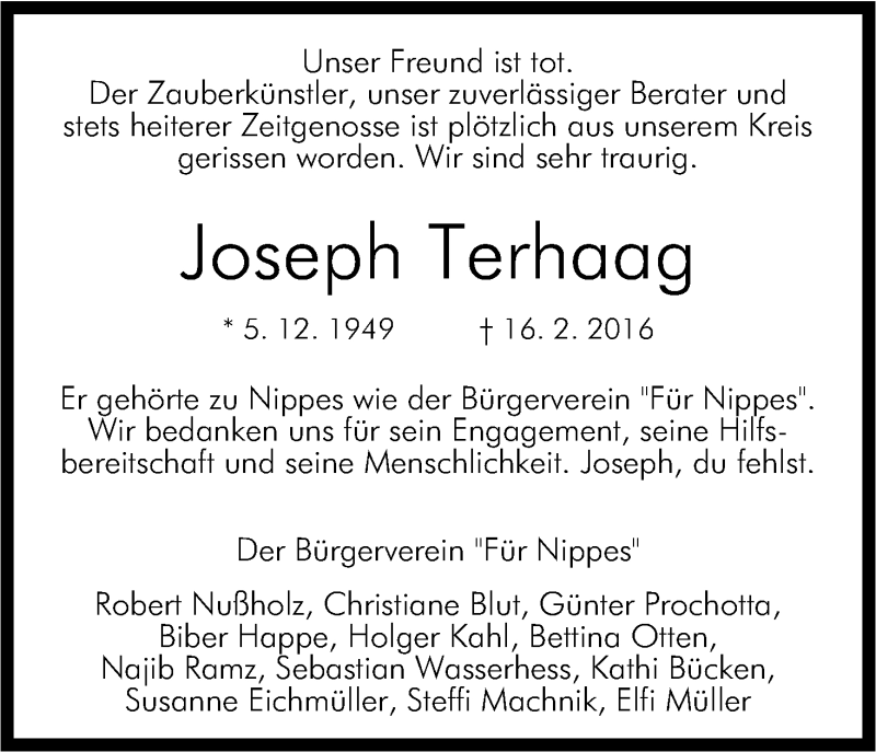  Traueranzeige für Joseph Terhaag vom 20.02.2016 aus Kölner Stadt-Anzeiger / Kölnische Rundschau / Express
