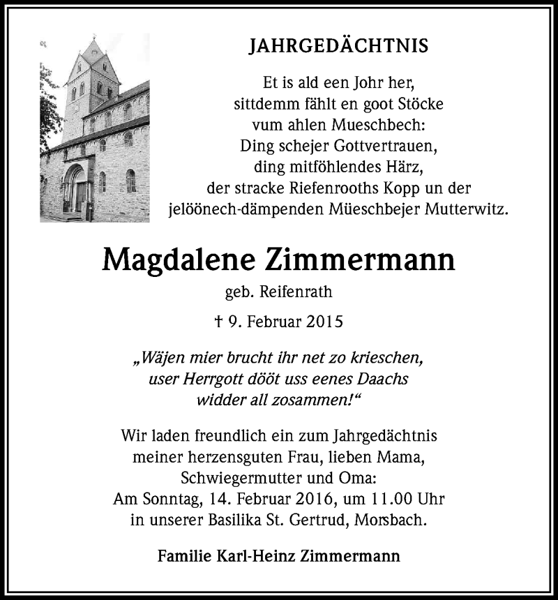  Traueranzeige für Magdalene Zimmermann vom 12.02.2016 aus Kölner Stadt-Anzeiger / Kölnische Rundschau / Express