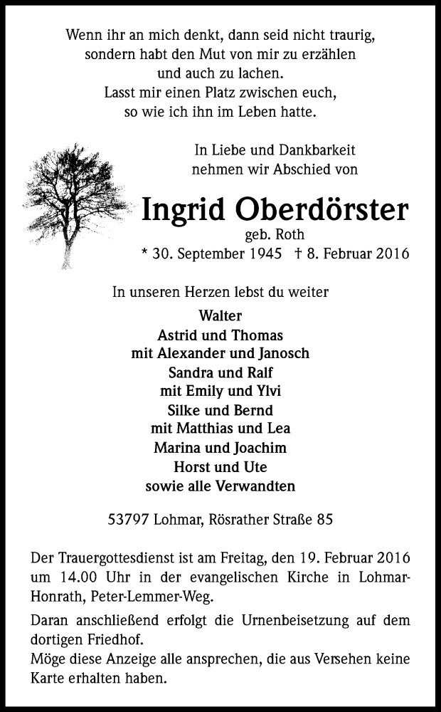  Traueranzeige für Ingrid Oberdörster vom 13.02.2016 aus Kölner Stadt-Anzeiger / Kölnische Rundschau / Express