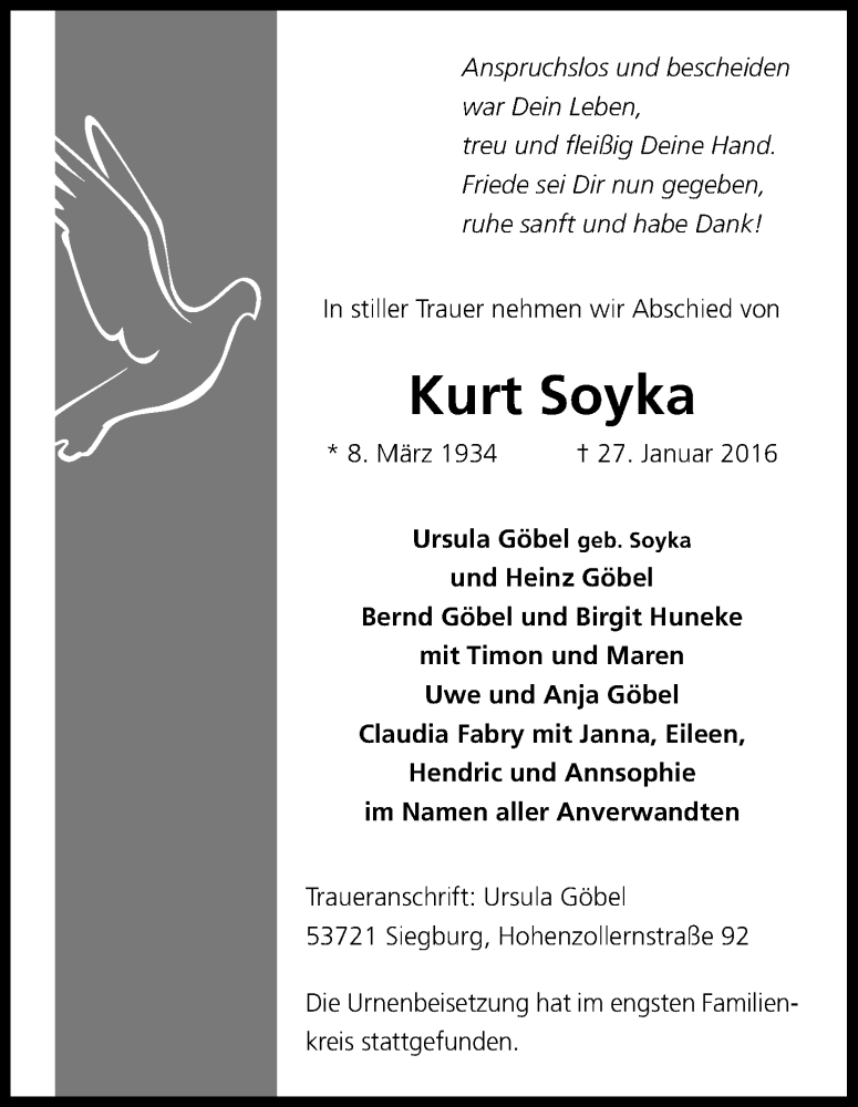  Traueranzeige für Kurt Soyka vom 12.02.2016 aus Kölner Stadt-Anzeiger / Kölnische Rundschau / Express
