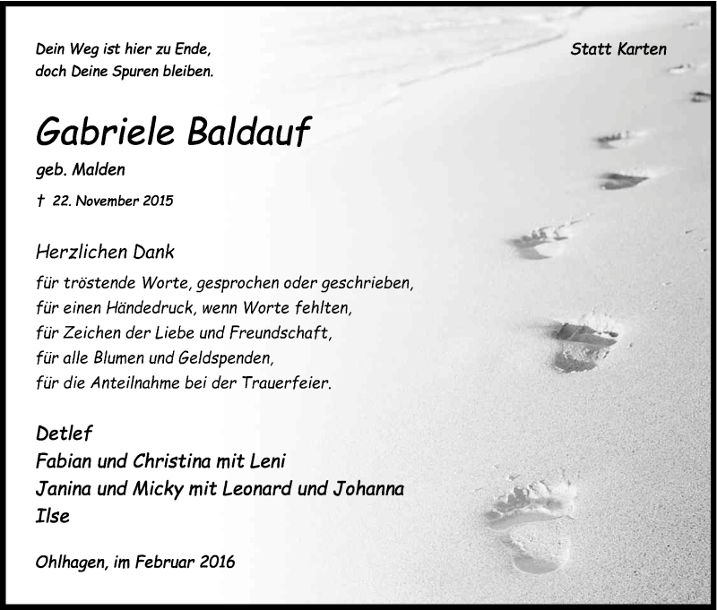  Traueranzeige für Gabriele Baldauf vom 03.02.2016 aus Kölner Stadt-Anzeiger / Kölnische Rundschau / Express