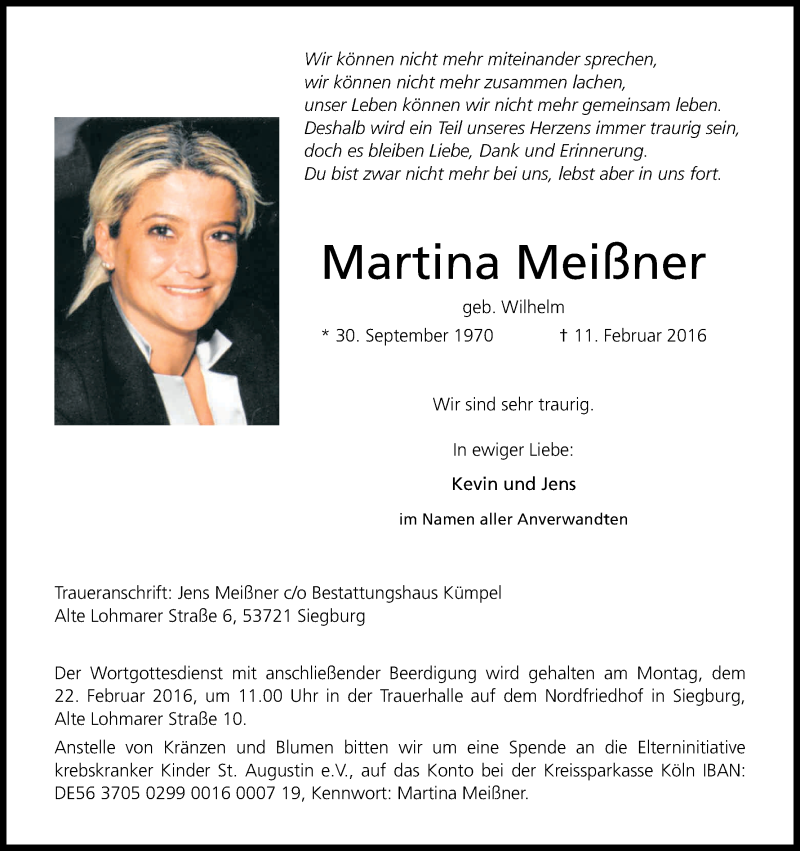  Traueranzeige für Martina Meißner vom 17.02.2016 aus Kölner Stadt-Anzeiger / Kölnische Rundschau / Express