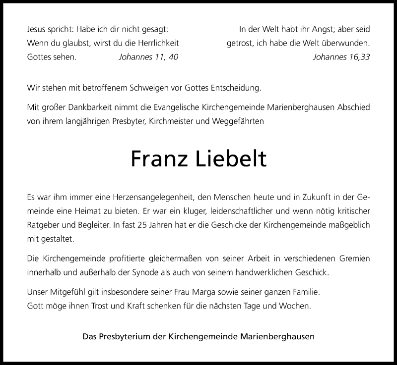  Traueranzeige für Franz Liebelt vom 13.02.2016 aus Kölner Stadt-Anzeiger / Kölnische Rundschau / Express