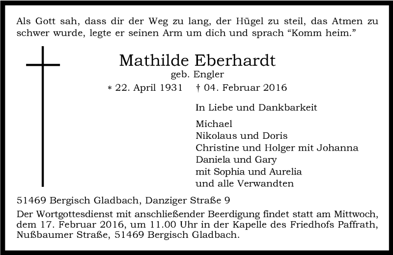  Traueranzeige für Mathilde Eberhardt vom 12.02.2016 aus Kölner Stadt-Anzeiger / Kölnische Rundschau / Express