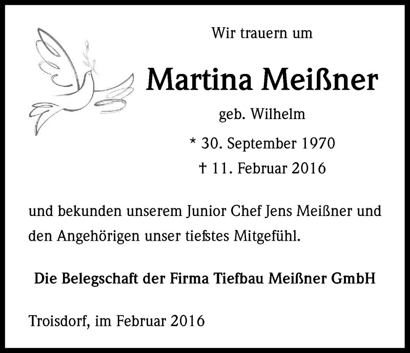  Traueranzeige für Martina Meißner vom 17.02.2016 aus Kölner Stadt-Anzeiger / Kölnische Rundschau / Express