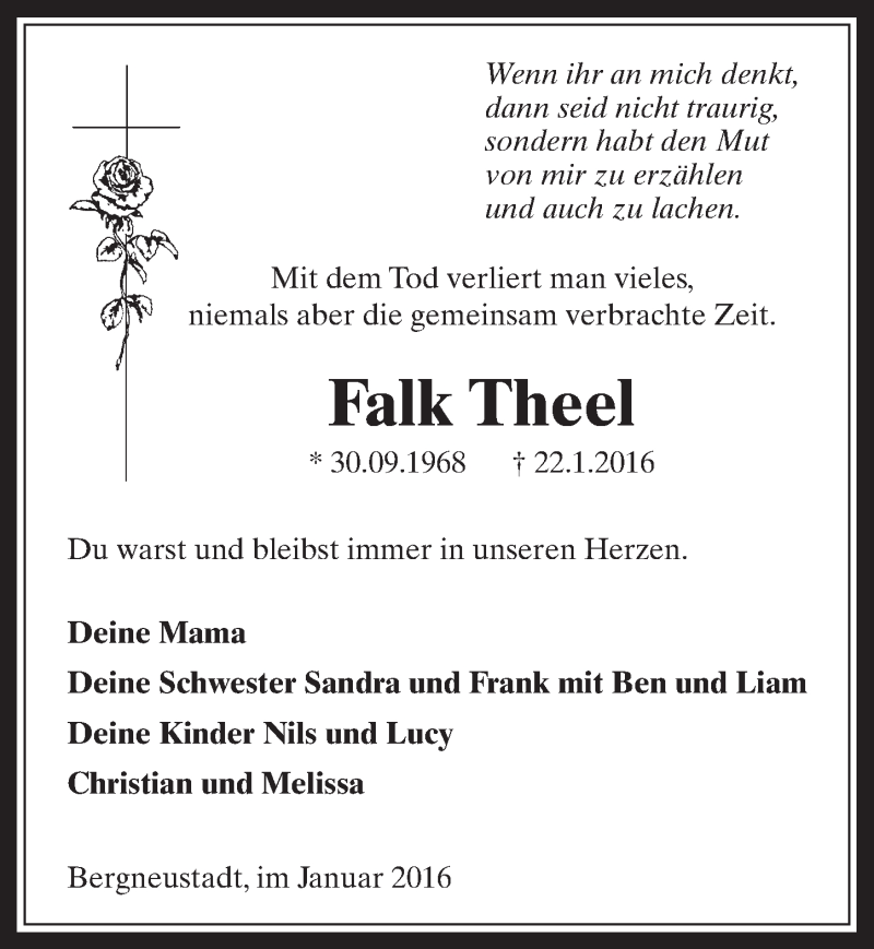  Traueranzeige für Falk Theel vom 03.02.2016 aus  Anzeigen Echo 
