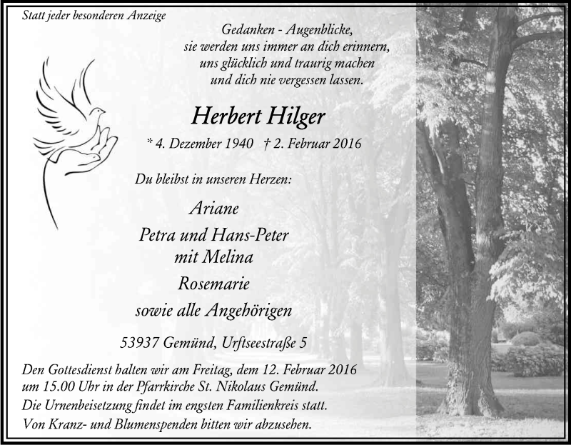  Traueranzeige für Herbert Hilger vom 12.02.2016 aus Kölner Stadt-Anzeiger / Kölnische Rundschau / Express