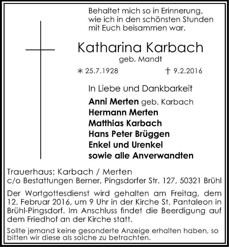  Traueranzeige für Katharina Karbach vom 11.02.2016 aus Kölner Stadt-Anzeiger / Kölnische Rundschau / Express