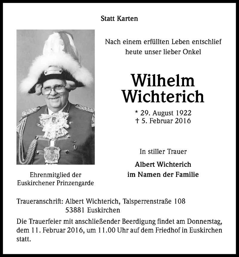  Traueranzeige für Wilhelm Wichterich vom 11.02.2016 aus Kölner Stadt-Anzeiger / Kölnische Rundschau / Express