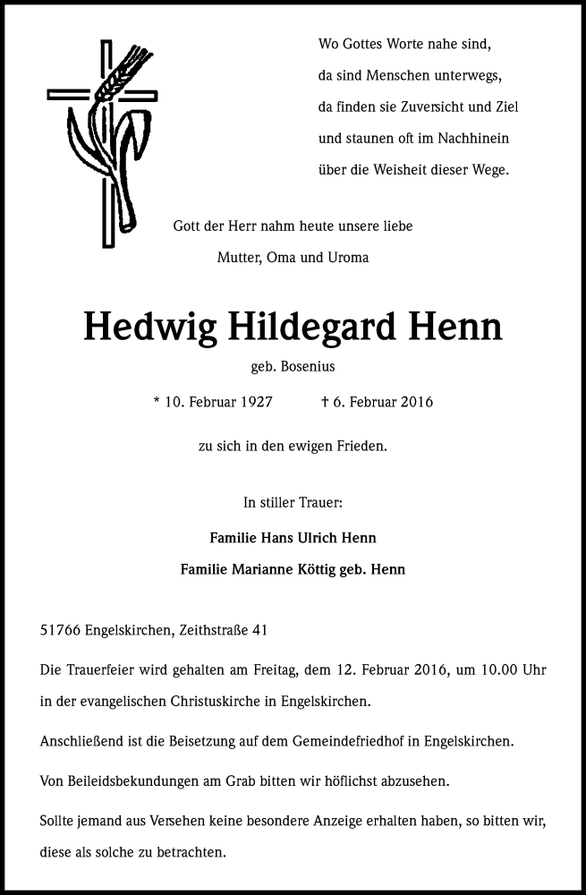  Traueranzeige für Hedwig Hildegard Henn vom 09.02.2016 aus Kölner Stadt-Anzeiger / Kölnische Rundschau / Express