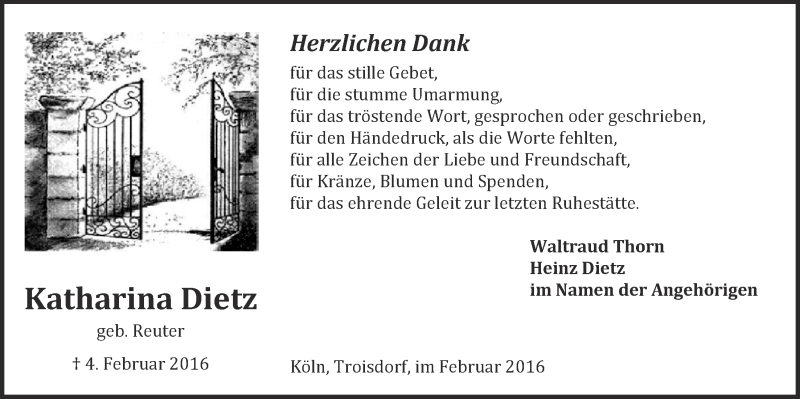  Traueranzeige für Katharina Dietz vom 24.02.2016 aus  Kölner Wochenspiegel 