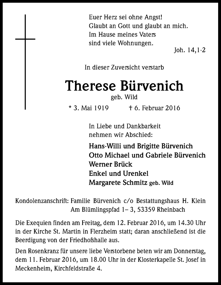  Traueranzeige für Therese Bürvenich vom 10.02.2016 aus Kölner Stadt-Anzeiger / Kölnische Rundschau / Express