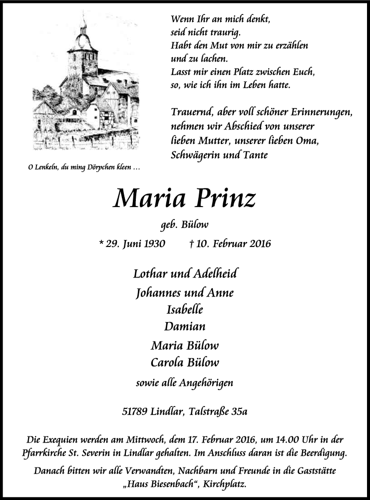  Traueranzeige für Maria Prinz vom 13.02.2016 aus Kölner Stadt-Anzeiger / Kölnische Rundschau / Express