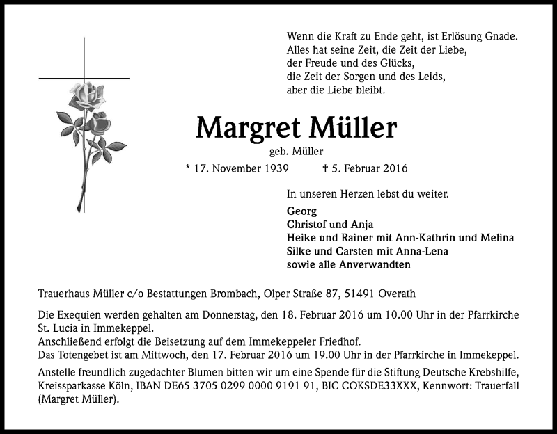  Traueranzeige für Margret Müller vom 12.02.2016 aus Kölner Stadt-Anzeiger / Kölnische Rundschau / Express