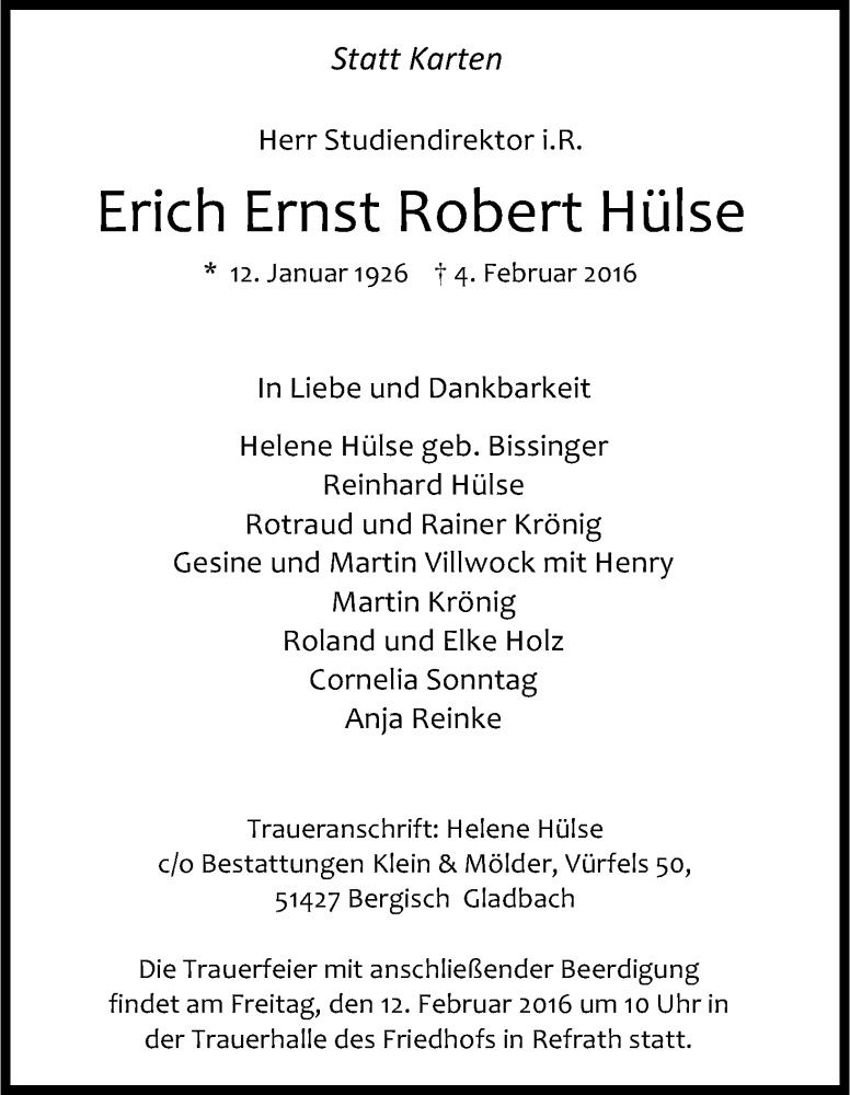  Traueranzeige für Erich Ernst Robert Hülse vom 10.02.2016 aus Kölner Stadt-Anzeiger / Kölnische Rundschau / Express