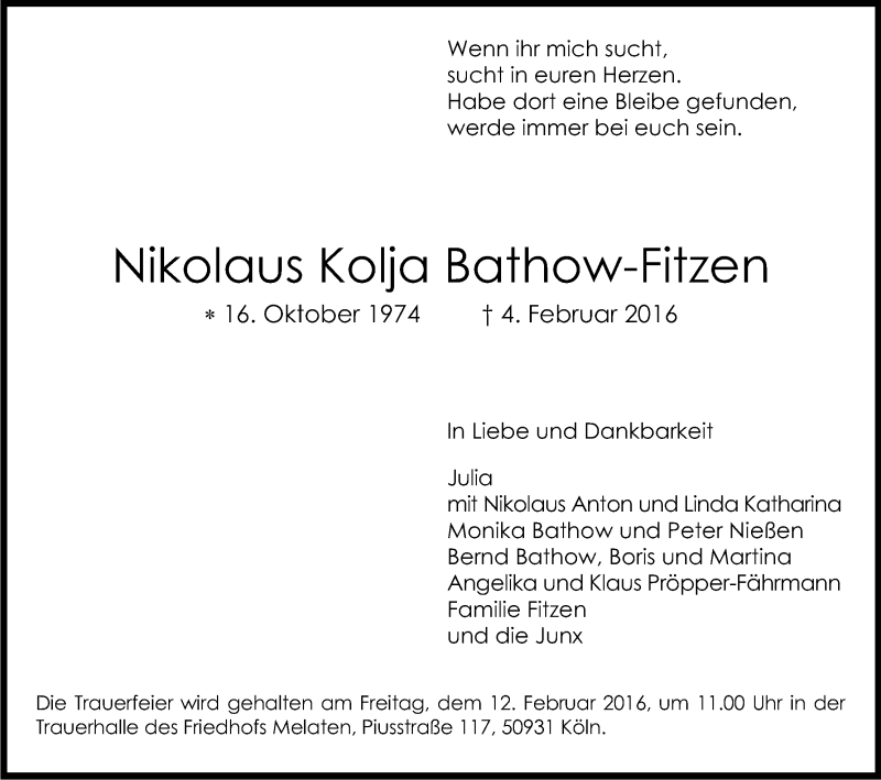  Traueranzeige für Nikolaus Kolja Bathow-Fitzen vom 10.02.2016 aus Kölner Stadt-Anzeiger / Kölnische Rundschau / Express