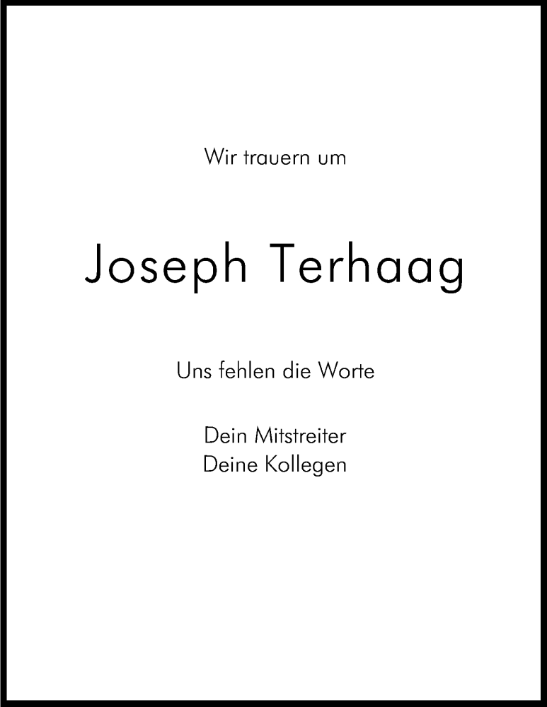  Traueranzeige für Joseph Terhaag vom 20.02.2016 aus Kölner Stadt-Anzeiger / Kölnische Rundschau / Express