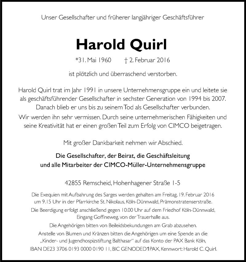  Traueranzeige für Harold Quirl vom 13.02.2016 aus Kölner Stadt-Anzeiger / Kölnische Rundschau / Express