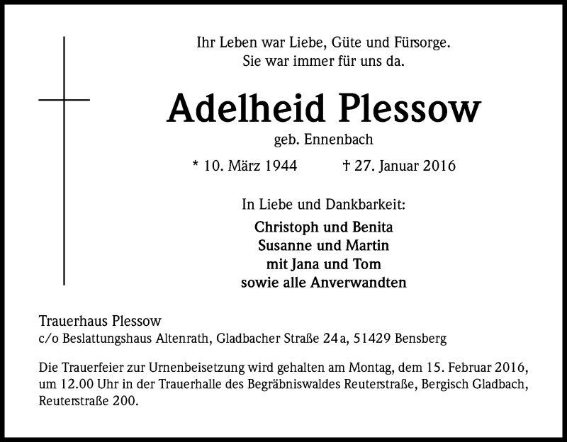 Traueranzeige für Adelheid Plessow vom 12.02.2016 aus Kölner Stadt-Anzeiger / Kölnische Rundschau / Express