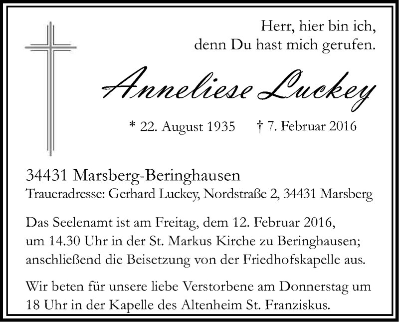  Traueranzeige für Anneliese Luckey vom 11.02.2016 aus Kölner Stadt-Anzeiger / Kölnische Rundschau / Express