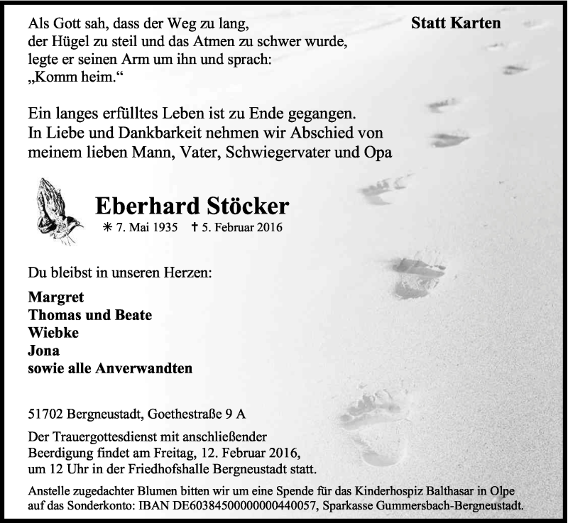  Traueranzeige für Eberhard Stöcker vom 09.02.2016 aus Kölner Stadt-Anzeiger / Kölnische Rundschau / Express