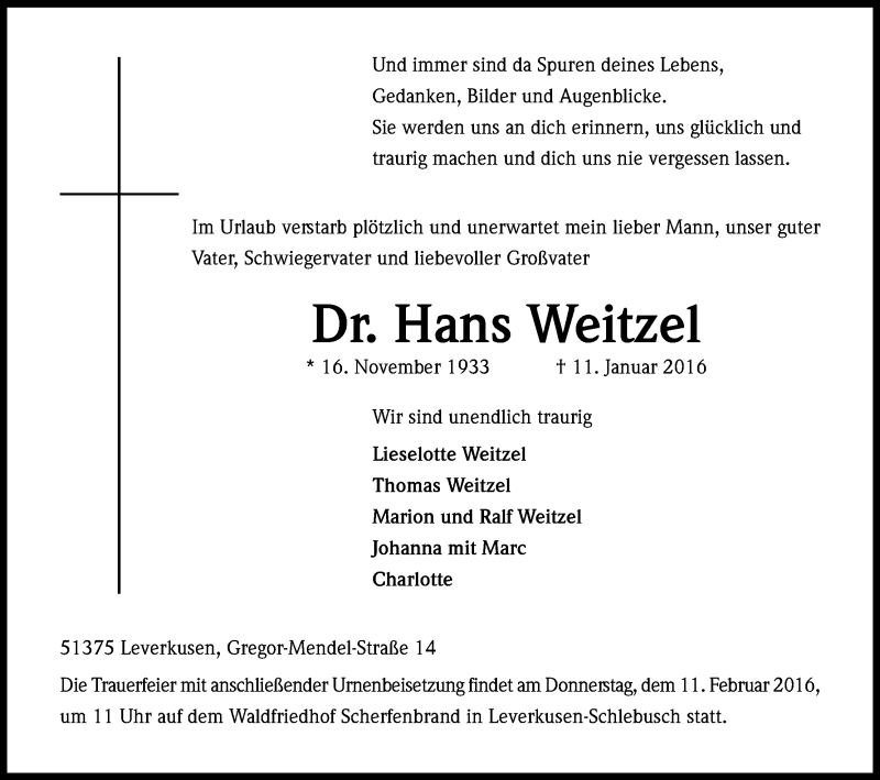  Traueranzeige für Hans Weitzel vom 10.02.2016 aus Kölner Stadt-Anzeiger / Kölnische Rundschau / Express