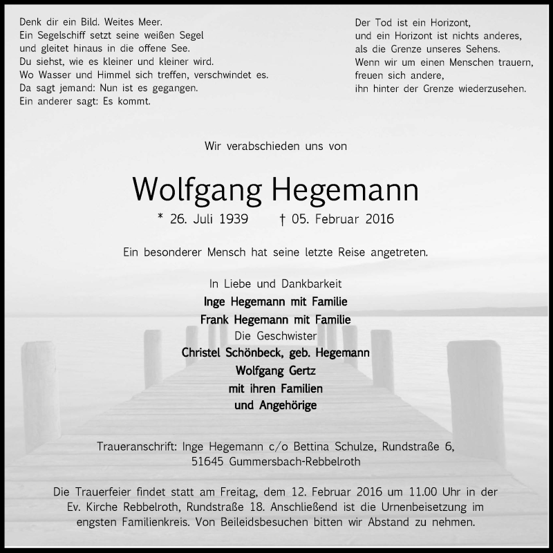  Traueranzeige für Wolfgang Hegemann vom 10.02.2016 aus  Anzeigen Echo 