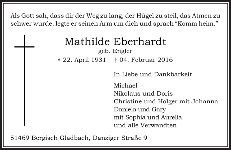  Traueranzeige für Mathilde Eberhardt vom 10.02.2016 aus  Bergisches Handelsblatt 