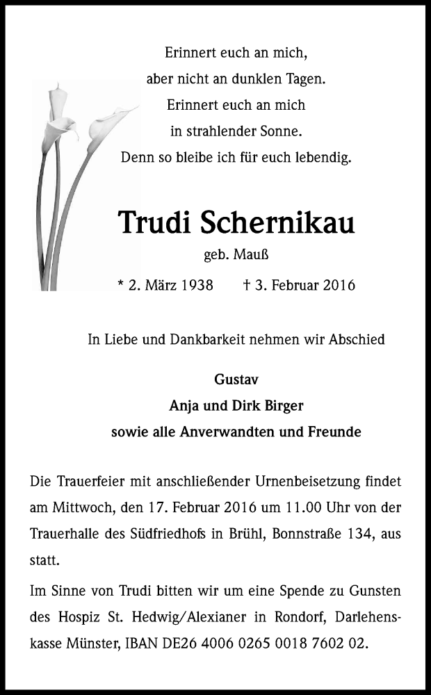  Traueranzeige für Trudi Schernikau vom 09.02.2016 aus Kölner Stadt-Anzeiger / Kölnische Rundschau / Express