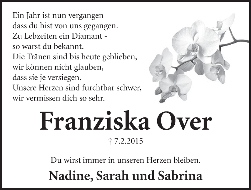  Traueranzeige für Franziska Over vom 03.02.2016 aus  Schlossbote/Werbekurier 