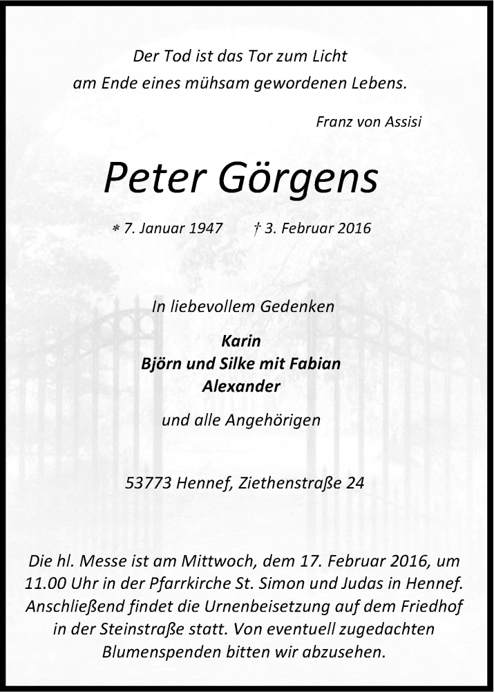  Traueranzeige für Peter Görgens vom 11.02.2016 aus Kölner Stadt-Anzeiger / Kölnische Rundschau / Express
