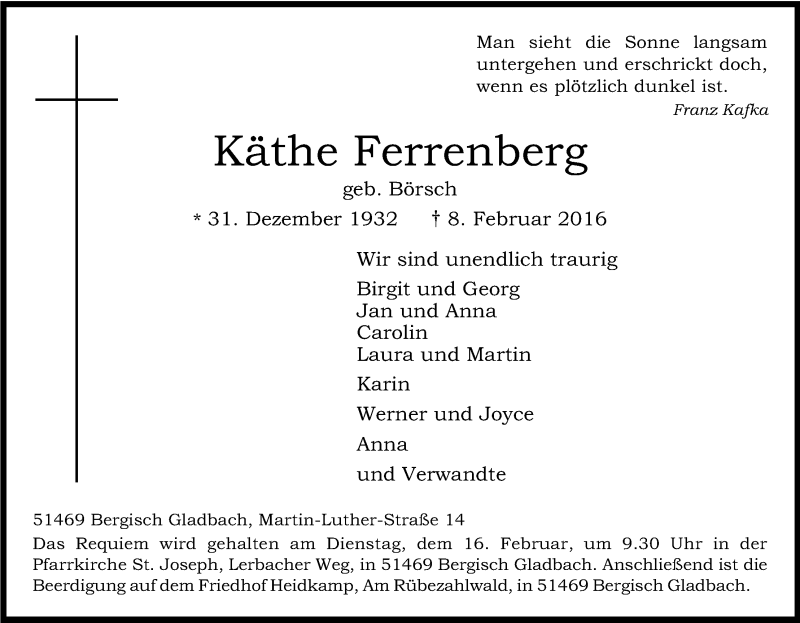  Traueranzeige für Käthe Ferrenberg vom 13.02.2016 aus Kölner Stadt-Anzeiger / Kölnische Rundschau / Express
