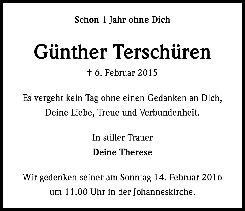  Traueranzeige für Günther Terschüren vom 11.02.2016 aus Kölner Stadt-Anzeiger / Kölnische Rundschau / Express