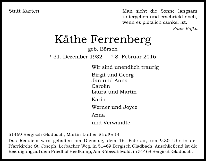  Traueranzeige für Käthe Ferrenberg vom 12.02.2016 aus Kölner Stadt-Anzeiger / Kölnische Rundschau / Express