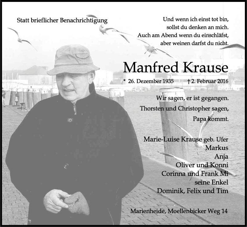  Traueranzeige für Manfred Krause vom 12.02.2016 aus Kölner Stadt-Anzeiger / Kölnische Rundschau / Express