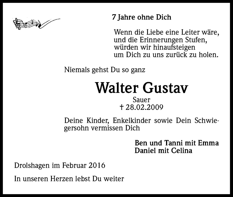  Traueranzeige für Walter Gustav vom 26.02.2016 aus Kölner Stadt-Anzeiger / Kölnische Rundschau / Express