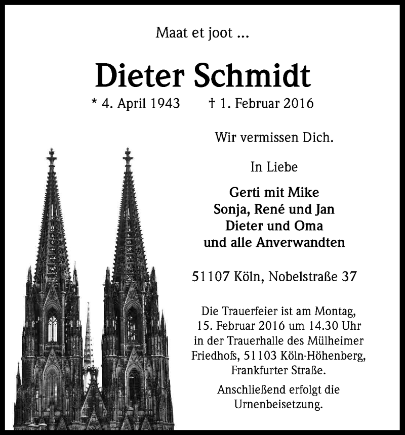  Traueranzeige für Dieter Schmidt vom 11.02.2016 aus Kölner Stadt-Anzeiger / Kölnische Rundschau / Express
