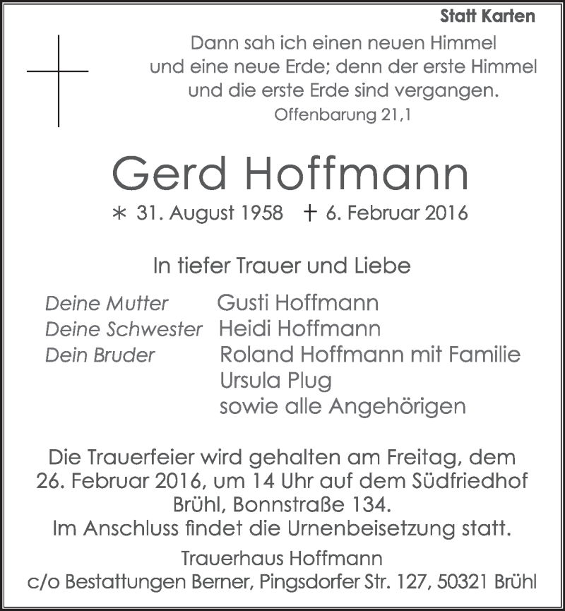 Traueranzeige für Gerd Hoffmann vom 24.02.2016 aus  Schlossbote/Werbekurier 