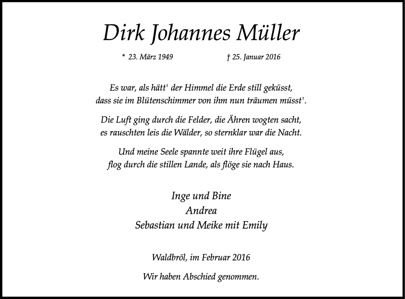  Traueranzeige für Dirk Johannes Müller vom 10.02.2016 aus Kölner Stadt-Anzeiger / Kölnische Rundschau / Express